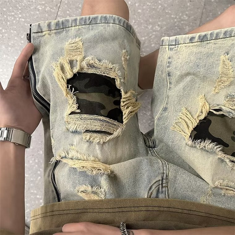 Men's Summer Ripped Camouflage Denim Shorts