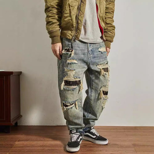 Jeans Men's Loose Straight Tapered Distressed Broken Holes Pants
