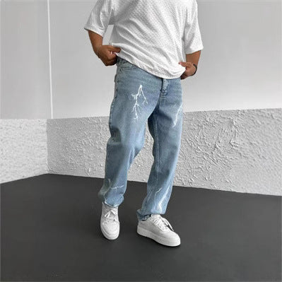 Men's Straight-leg Pants Printed Solid Color Loose Wide Leg Denim