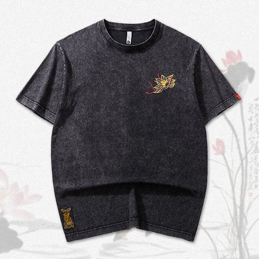 Boys Short Sleeve Couple T-shirt Summer Embroidered Lotus