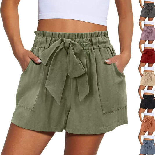 Summer New Elastic Waist Drawstring Knotted Short Solid Color Casual Women